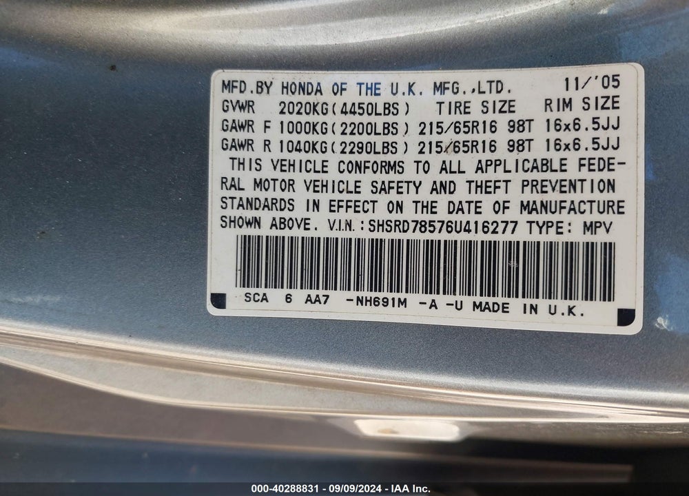 2006 HONDA CR-V LX VIN: SHSRD78576U416277