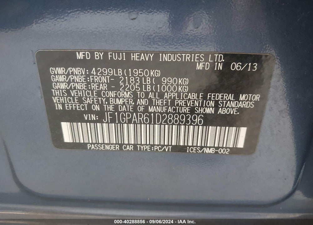 2013 SUBARU IMPREZA 2.0I SPORT LIMITED VIN: JF1GPAR61D2889396