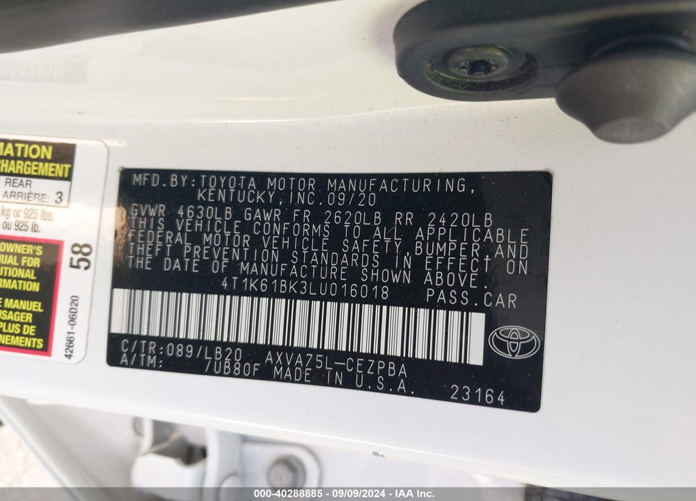 2020 TOYOTA CAMRY XSE AWD VIN: 4T1K61BK3LU016018