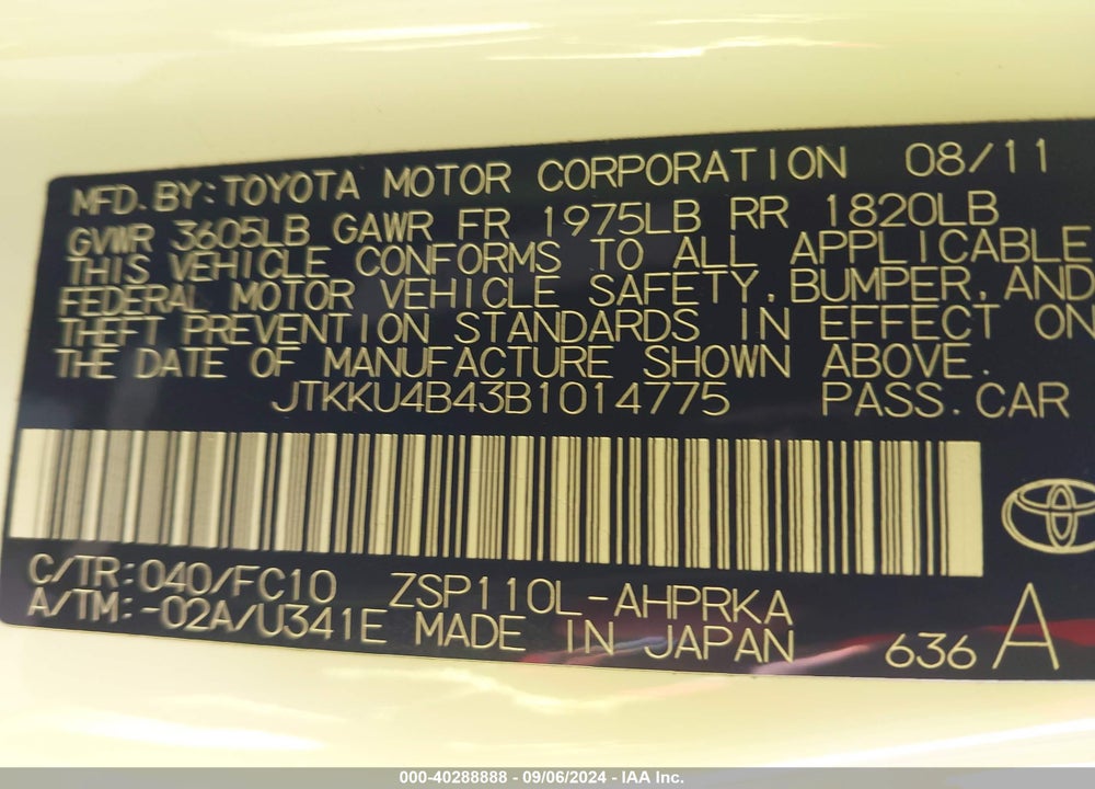 2011 SCION XD VIN: JTKKU4B43B1014775