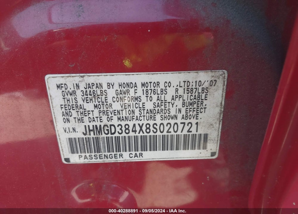 2008 HONDA FIT VIN: JHMGD384X8S020721