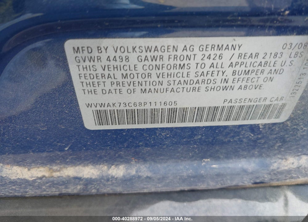 2008 VOLKSWAGEN PASSAT KOMFORT VIN: WVWAK73C68P111605