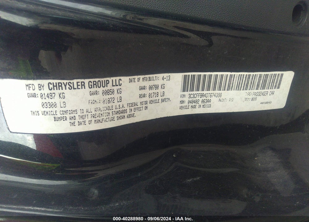 2013 FIAT 500 SPORT VIN: 3C3CFFBR4DT674398