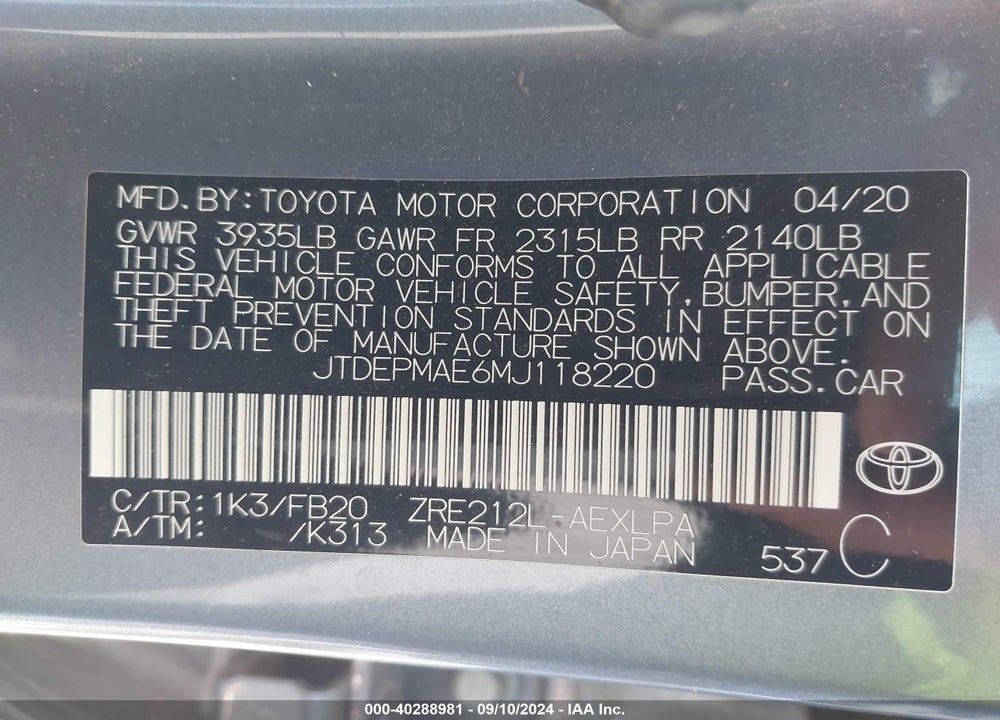 2021 TOYOTA COROLLA LE VIN: JTDEPMAE6MJ118220