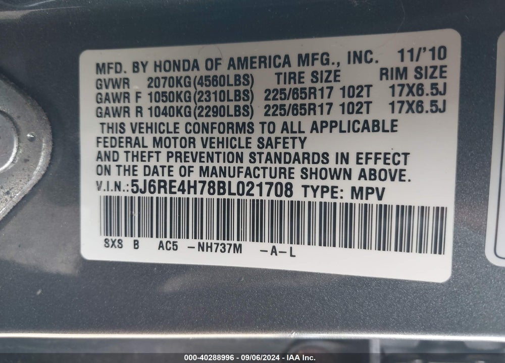 2011 HONDA CR-V EX-L VIN: 5J6RE4H78BL021708