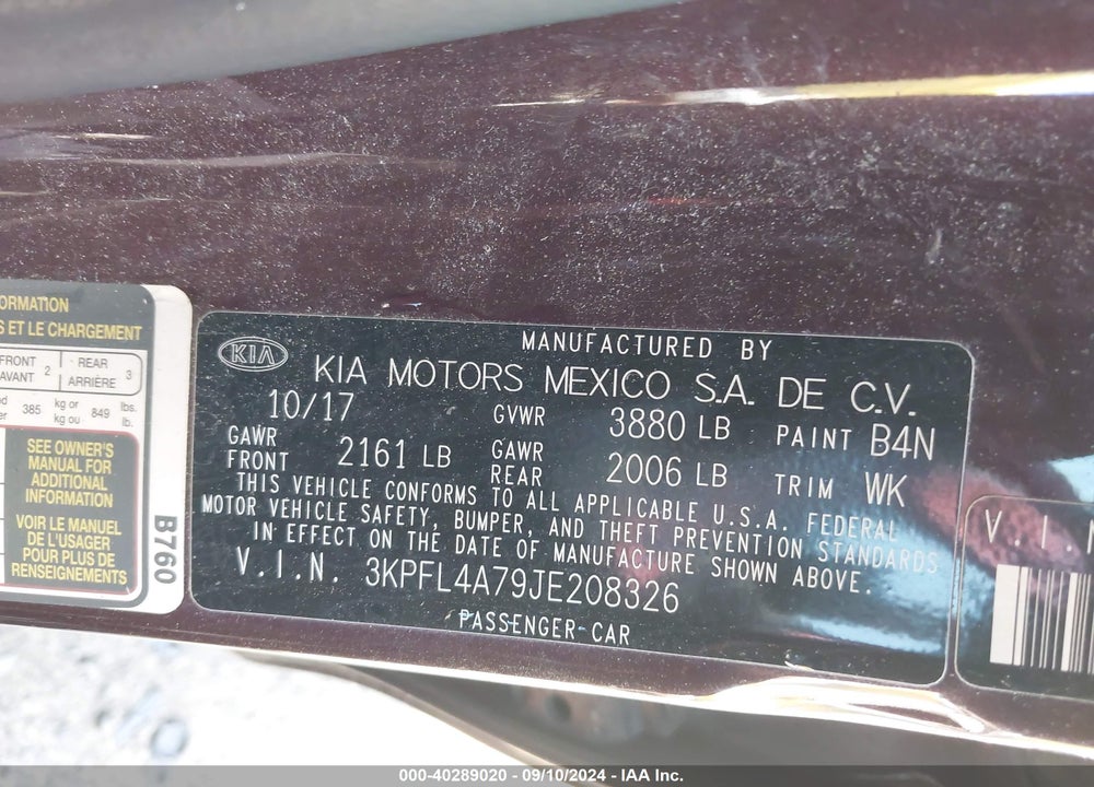 2018 KIA FORTE LX VIN: 3KPFL4A79JE208326