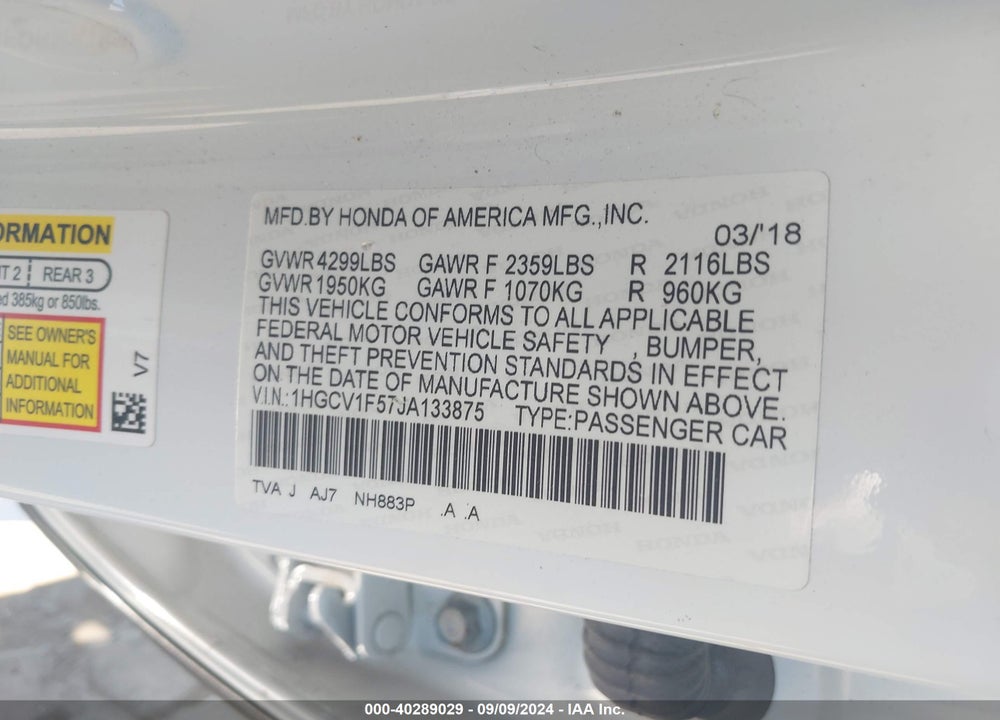 2018 HONDA ACCORD EX-L VIN: 1HGCV1F57JA133875