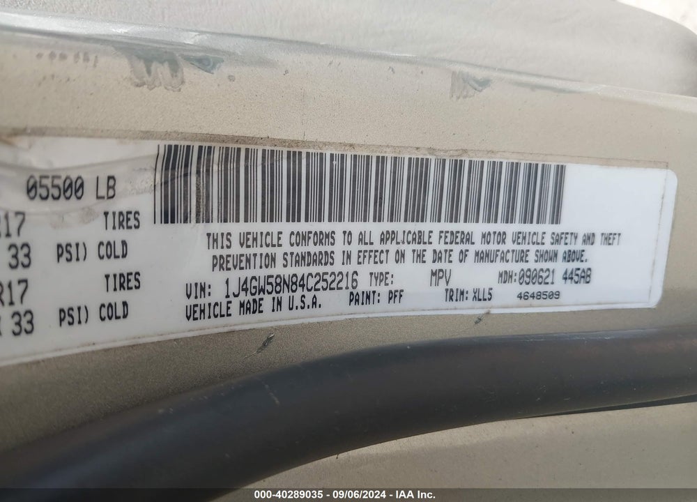 2004 JEEP GRAND CHEROKEE LIMITED VIN: 1J4GW58N84C252216