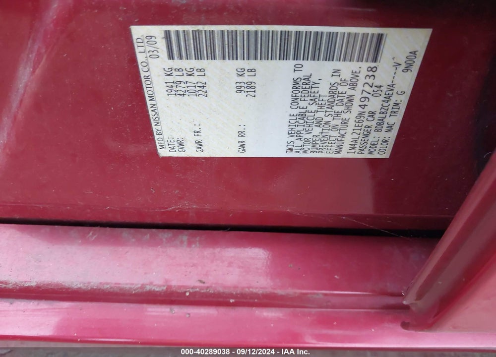 2009 NISSAN ALTIMA VIN: 1N4AL21E69N497238