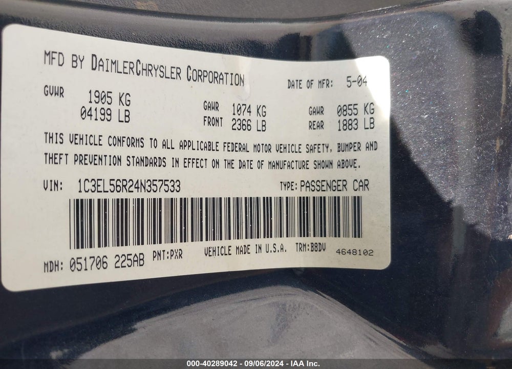 2004 CHRYSLER SEBRING LXI VIN: 1C3EL56R24N357533