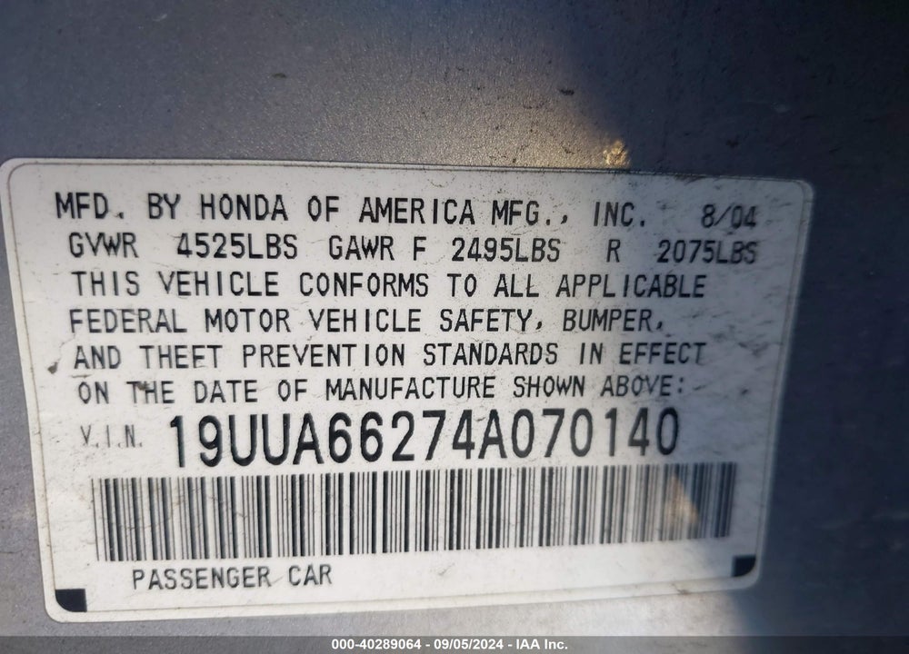 2004 ACURA TL VIN: 19UUA66274A070140