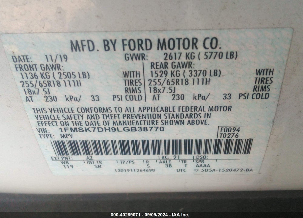 2020 FORD EXPLORER XLT VIN: 1FMSK7DH9LGB38770