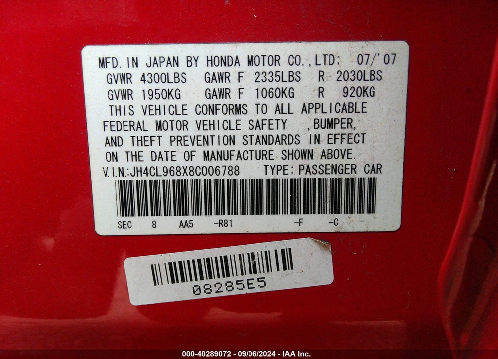 2008 ACURA TSX VIN: JH4CL968X8C006788