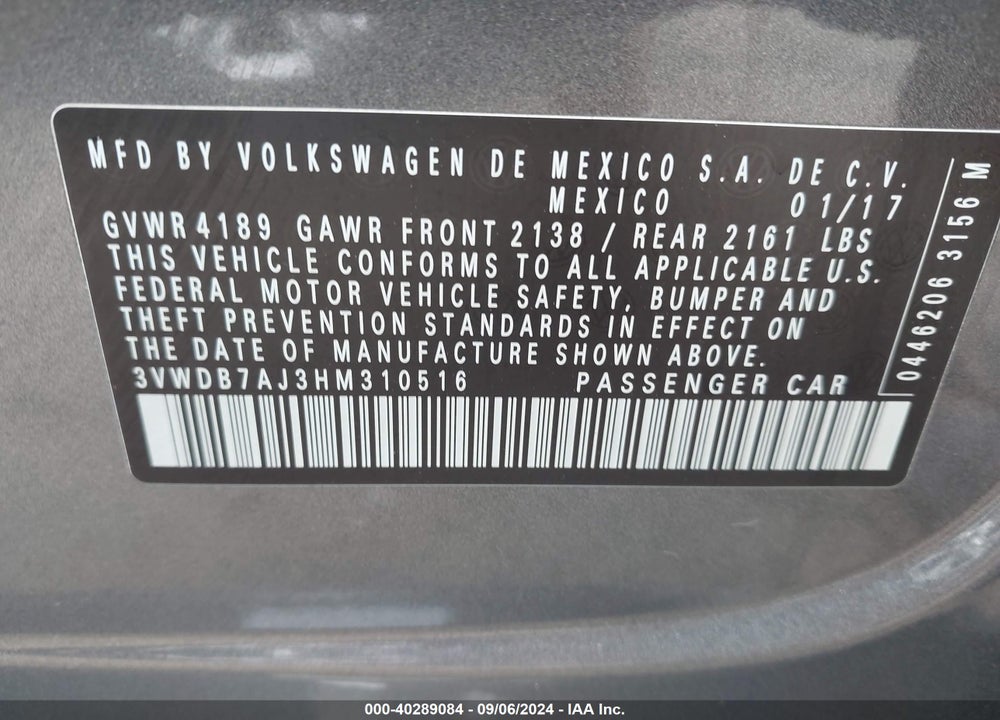 2017 VOLKSWAGEN JETTA 1.4T SE VIN: 3VWDB7AJ3HM310516