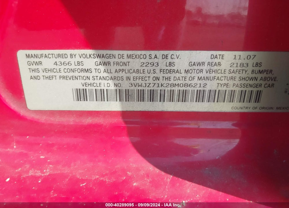 2008 VOLKSWAGEN JETTA S VIN: 3VWJZ71K28M086212