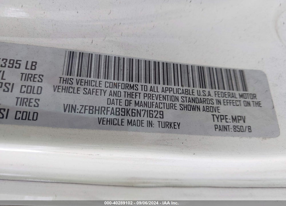 2019 RAM PROMASTER CITY TRADESMAN VIN: ZFBHRFAB9K6N71629