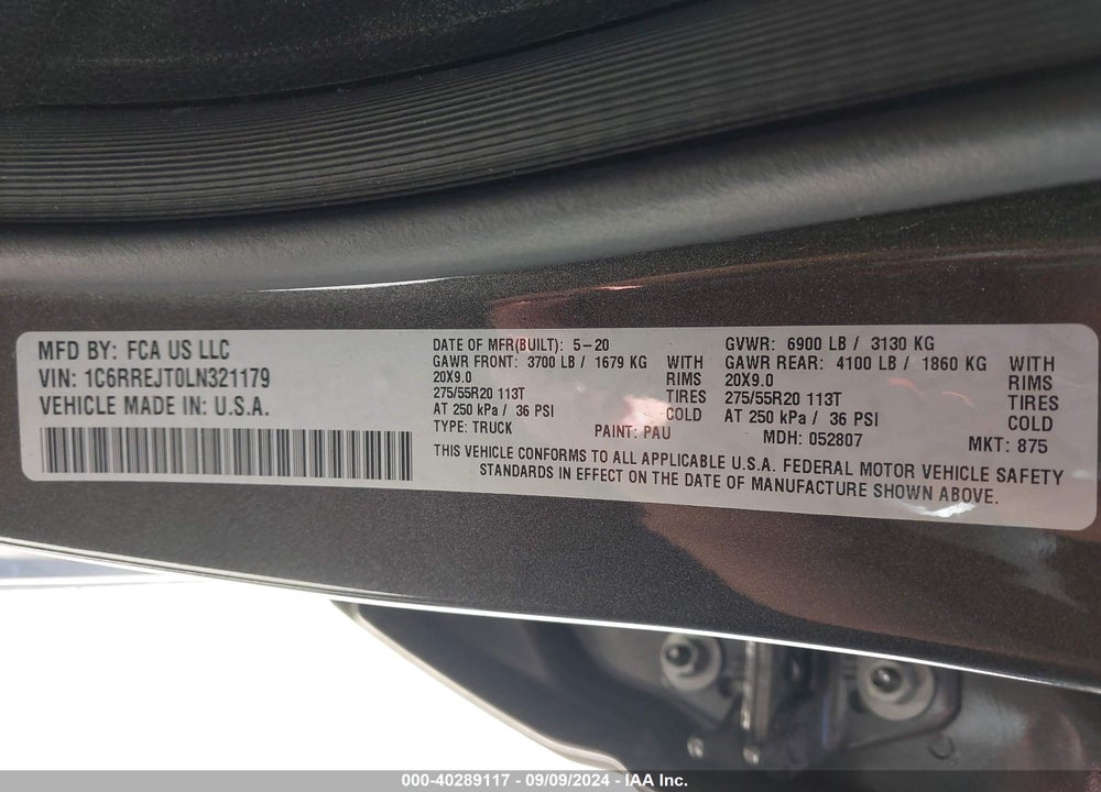 2020 RAM 1500 LAIE  4X2 5'7 BOX VIN: 1C6RREJT0LN321179