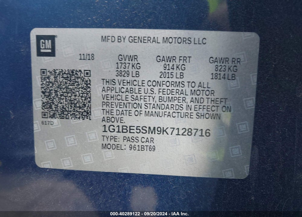 2019 CHEVROLET CRUZE LT VIN: 1G1BE5SM9K7128716