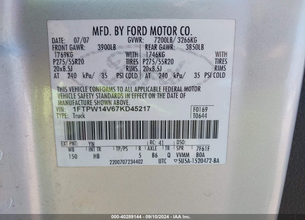 2007 FORD F-150 FX4/LARIAT/XLT VIN: 1FTPW14V67KD45217