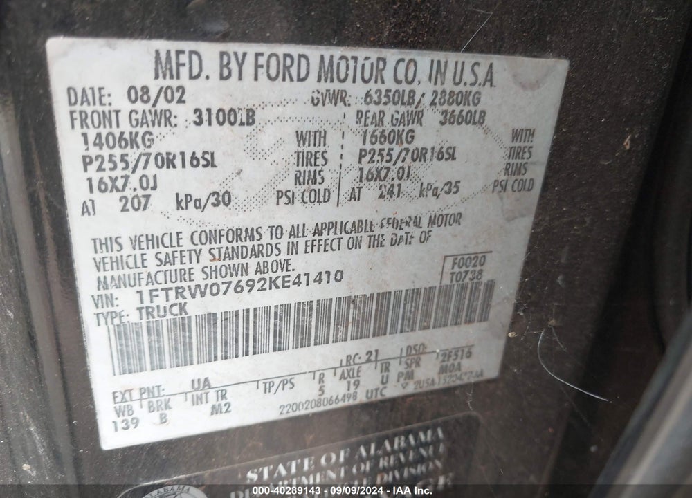 2002 FORD F-150 LARIAT/XLT VIN: 1FTRW07692KE41410