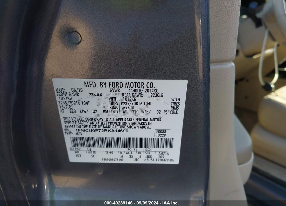 2011 FORD ESCAPE LIMITED VIN: 1FMCU0E72BKA14699