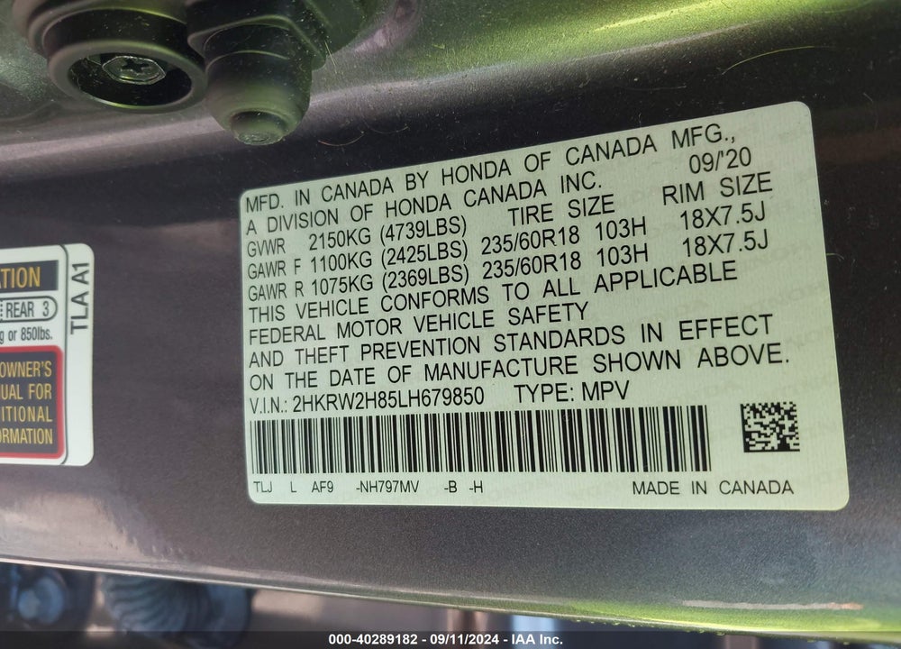 2020 HONDA CR-V AWD EX-L VIN: 2HKRW2H85LH679850