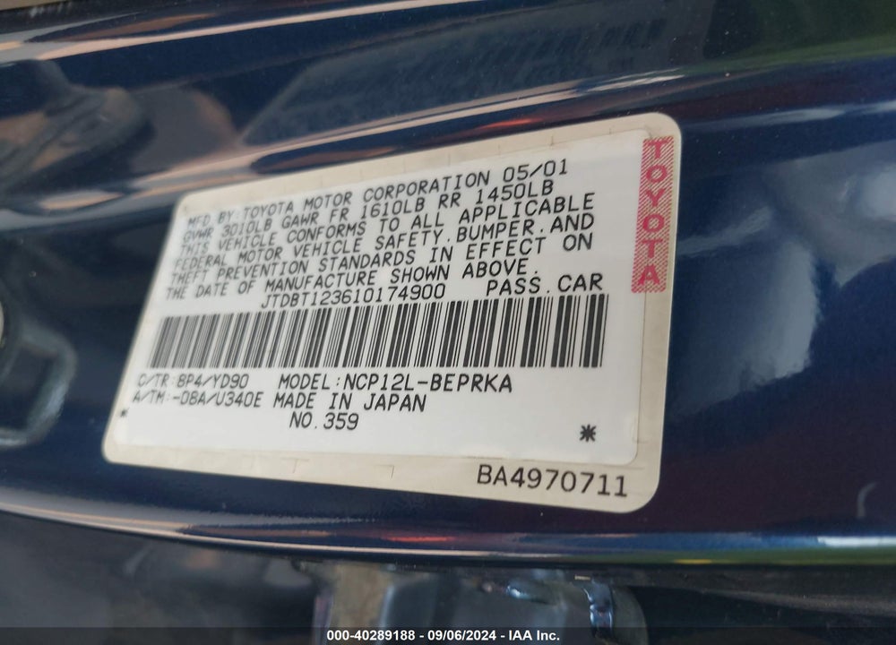 2001 TOYOTA ECHO VIN: JTDBT123610174900