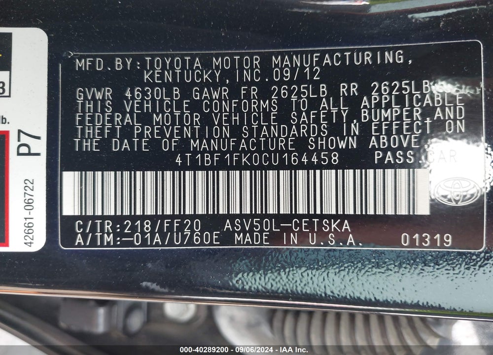 2012 TOYOTA CAMRY SE VIN: 4T1BF1FK0CU164458