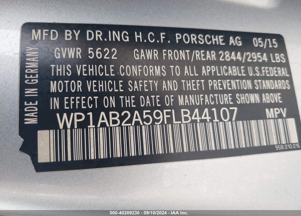 2015 PORSCHE MACAN S VIN: WP1AB2A59FLB44107