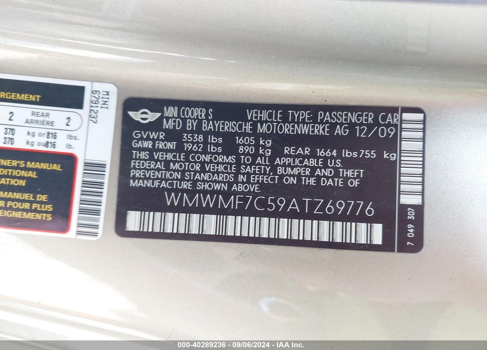 2010 MINI COOPER S VIN: WMWMF7C59ATZ69776