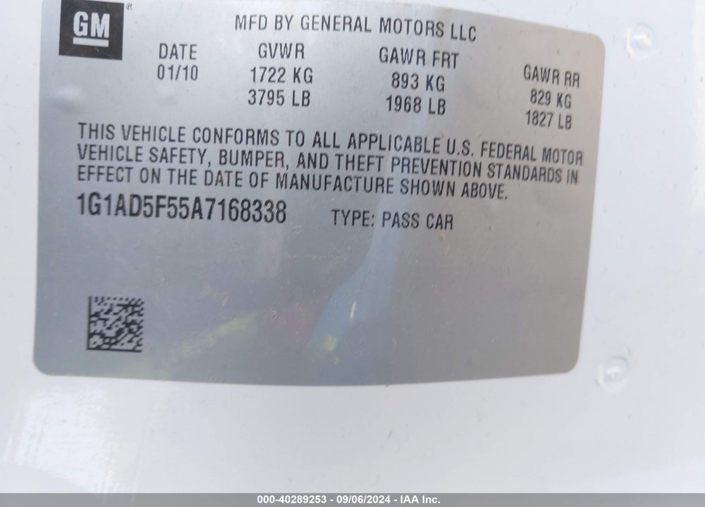 2010 CHEVROLET COBALT LT VIN: 1G1AD5F55A7168338