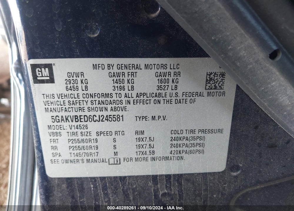 2012 BUICK ENCLAVE CONVENIENCE VIN: 5GAKVBED6CJ245581