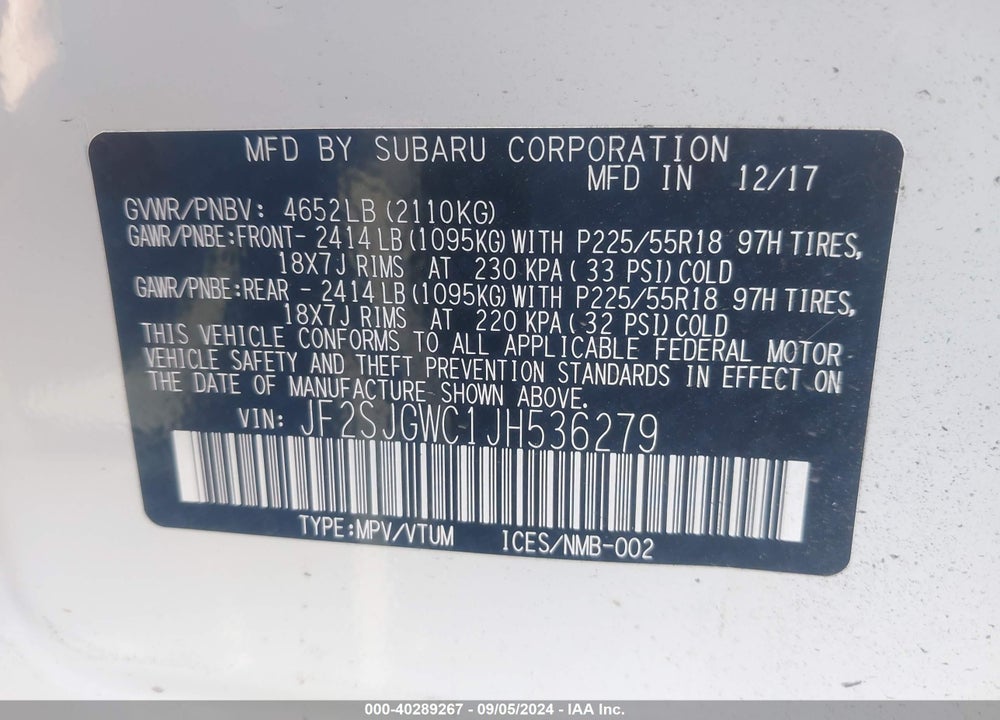 2018 SUBARU FORESTER 2.0XT TOURING VIN: JF2SJGWC1JH536279