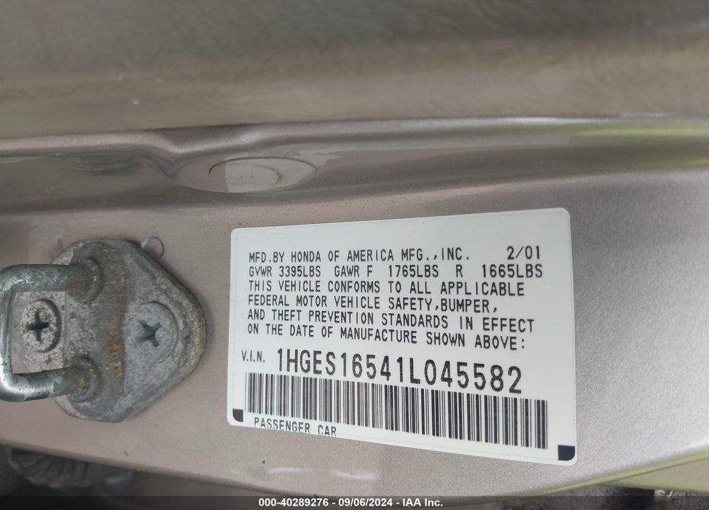 2001 HONDA CIVIC LX VIN: 1HGES16541L045582