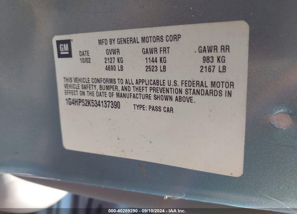 2003 BUICK LESABRE CUSTOM VIN: 1G4HP52K534137390