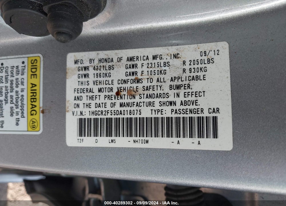 2013 HONDA ACCORD SPORT VIN: 1HGCR2F55DA018075