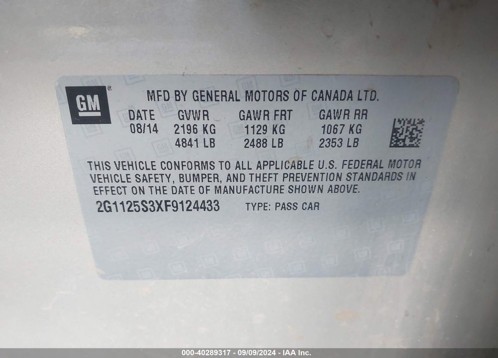 2015 CHEVROLET IMPALA 2LT VIN: 2G1125S3XF9124433