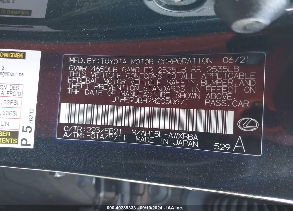 2021 LEXUS UX 250H F SPORT VIN: JTHE9JBH2M2050671