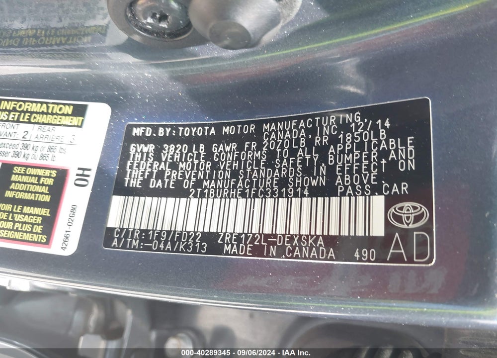 2015 TOYOTA COROLLA S PLUS VIN: 2T1BURHE1FC331914