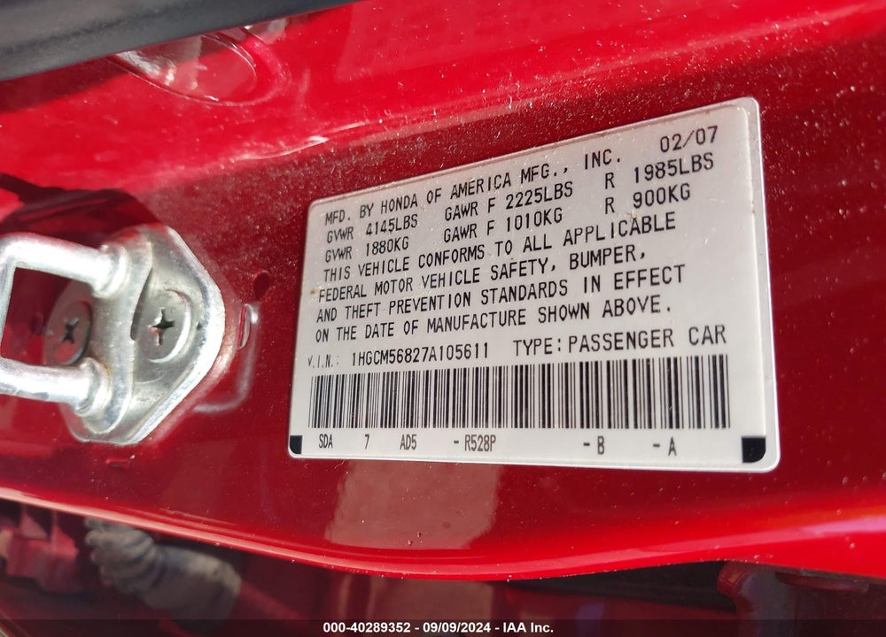 2007 HONDA ACCORD 2.4 EX VIN: 1HGCM56827A105611