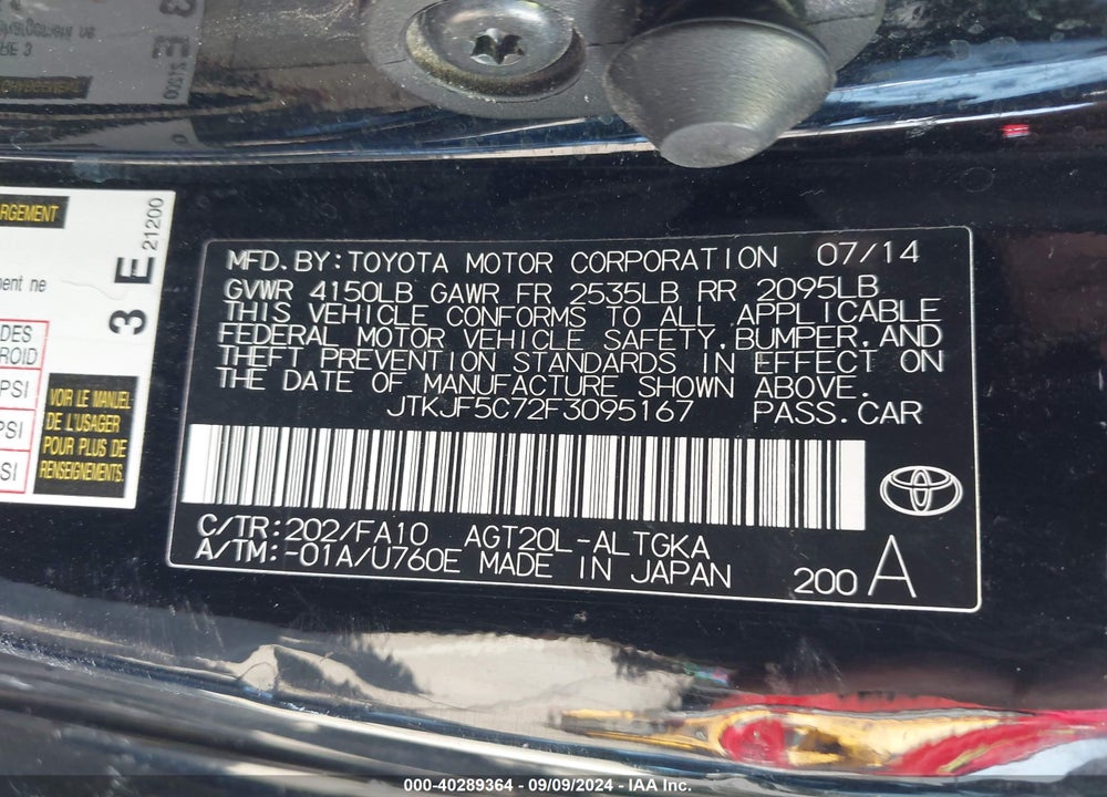 2015 TOYOTA SCION TC VIN: JTKJF5C72F3095167