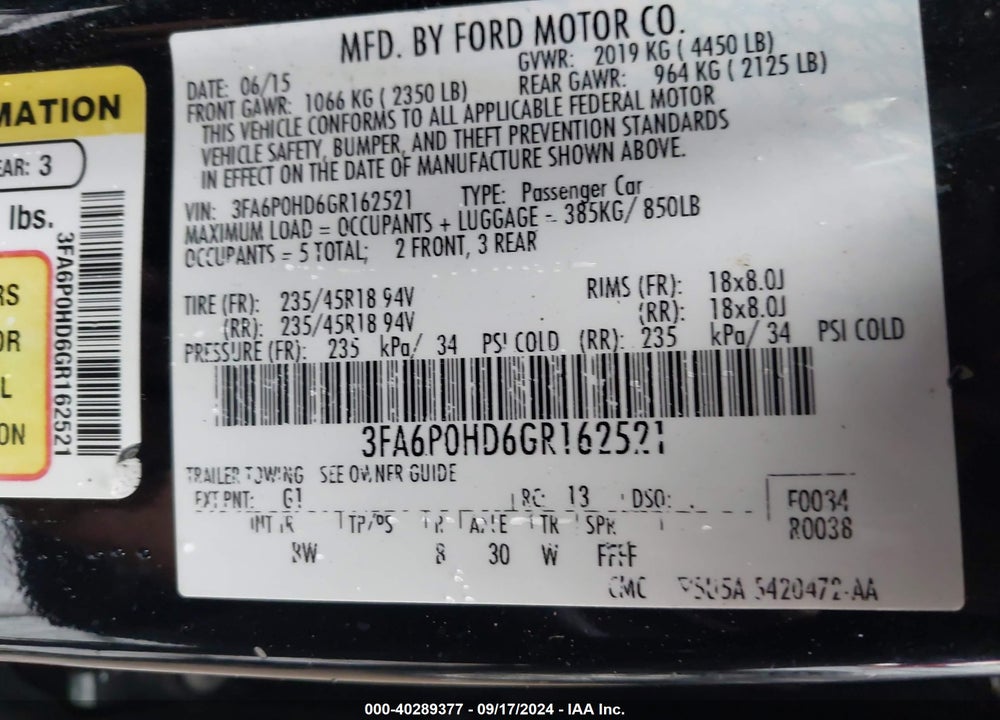 2016 FORD FUSION SE VIN: 3FA6P0HD6GR162521