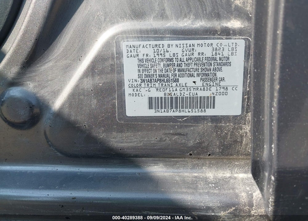 2017 NISSAN SENTRA SV VIN: 3N1AB7AP8HL651588