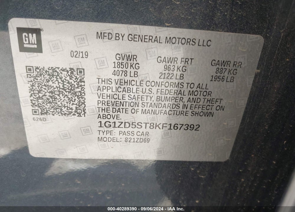 2019 CHEVROLET MALIBU LT VIN: 1G1ZD5ST8KF167392