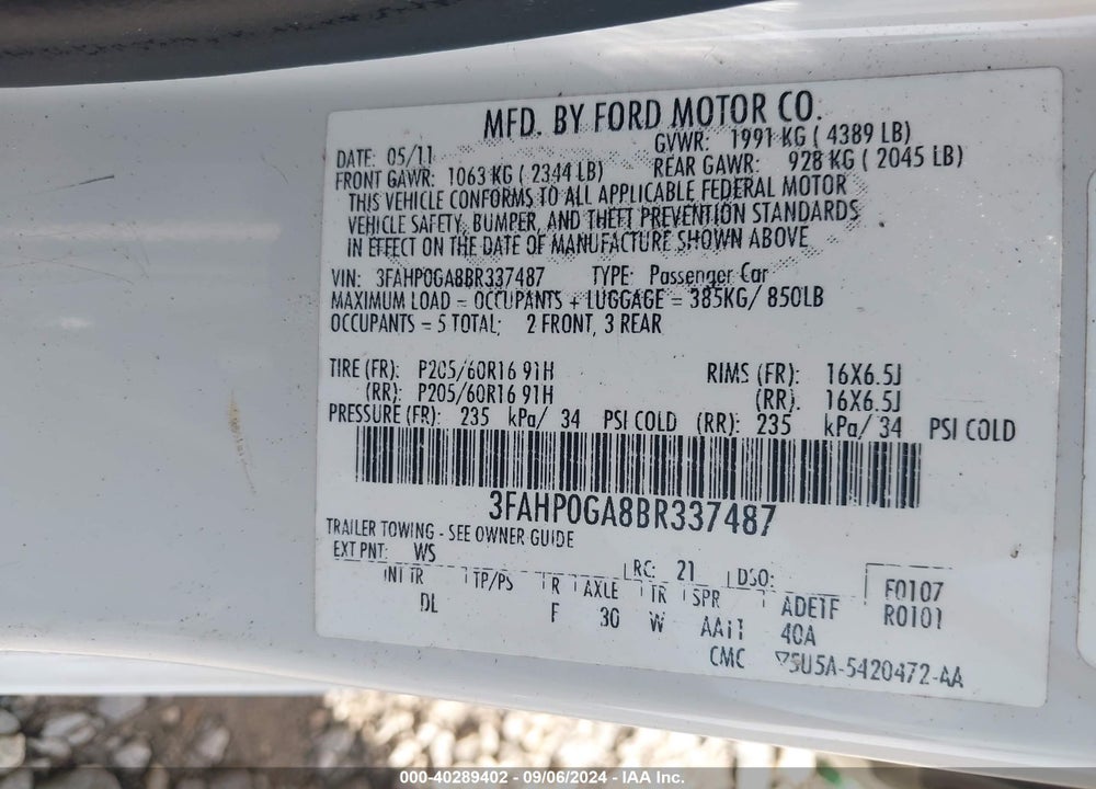 2011 FORD FUSION S VIN: 3FAHP0GA8BR337487