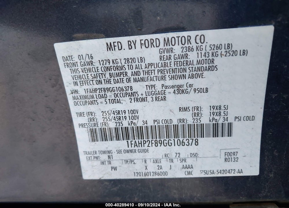 2016 FORD TAURUS LIMITED VIN: 1FAHP2F89GG106378