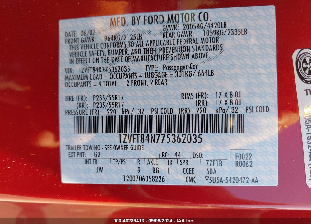 2007 FORD MUSTANG V6 DELUXE/V6 PREMIUM VIN: 1ZVFT84N775362035
