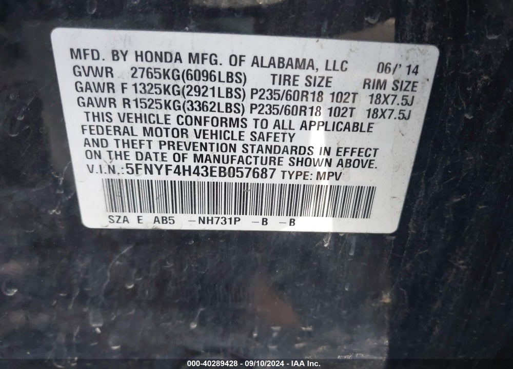 2014 HONDA PILOT EX VIN: 5FNYF4H43EB057687