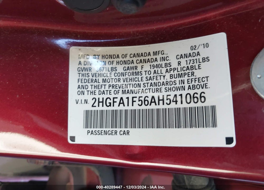 2010 HONDA CIVIC LX VIN: 2HGFA1F56AH541066