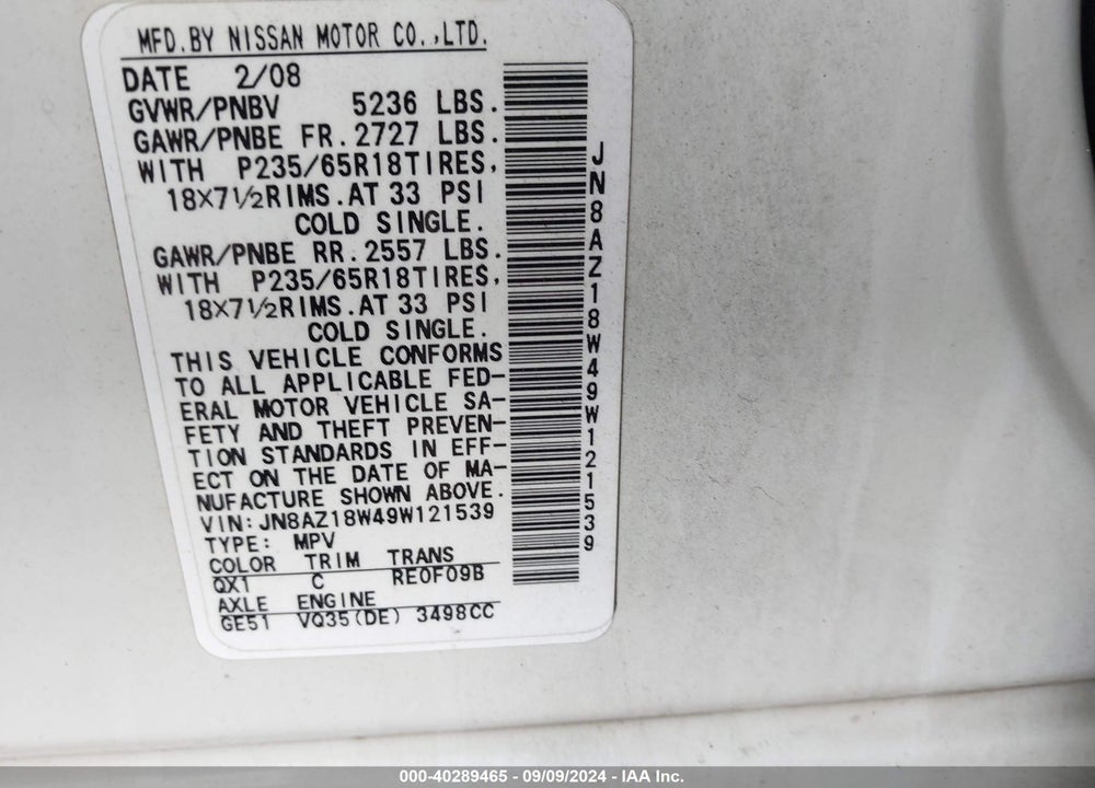 2009 NISSAN MURANO S VIN: JN8AZ18W49W121539
